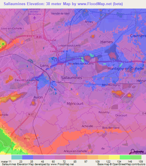 Sallaumines,France Elevation Map