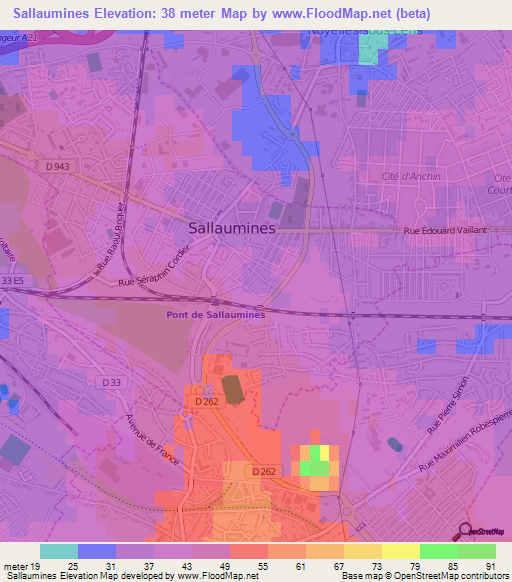 Sallaumines,France Elevation Map