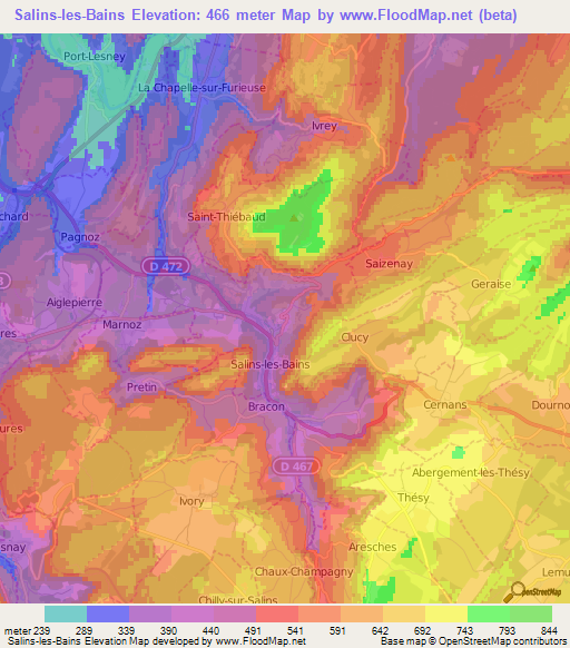 Salins-les-Bains,France Elevation Map