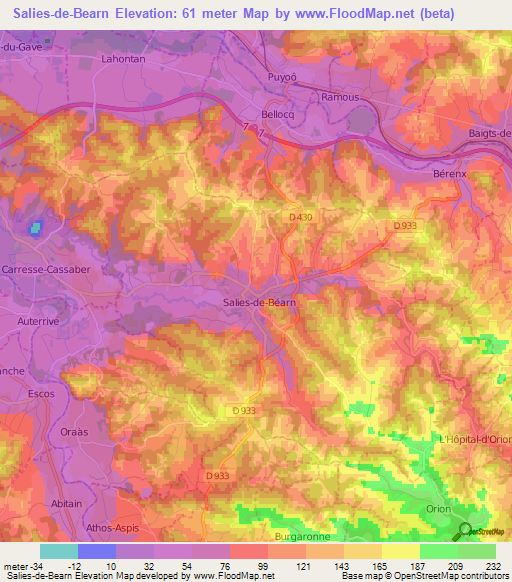 Salies-de-Bearn,France Elevation Map