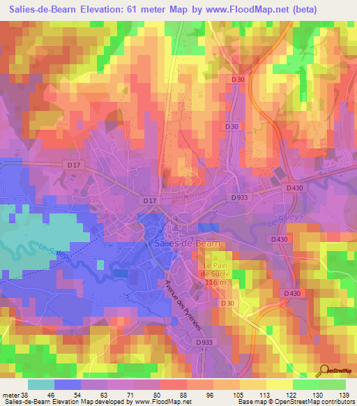 Salies-de-Bearn,France Elevation Map