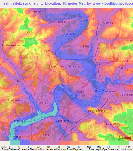 Saint-Yrieix-sur-Charente,France Elevation Map