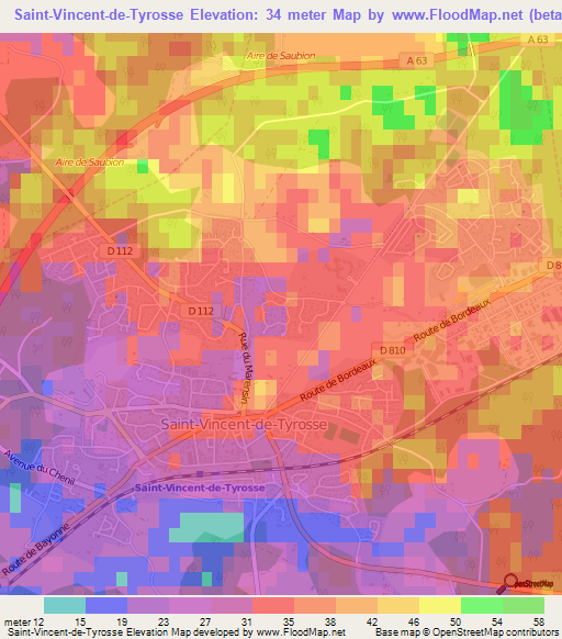 Saint-Vincent-de-Tyrosse,France Elevation Map