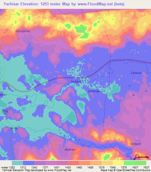 Yarhisar,Turkey Elevation Map