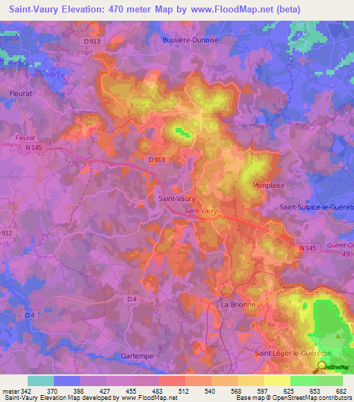 Saint-Vaury,France Elevation Map