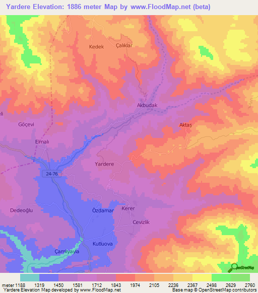 Yardere,Turkey Elevation Map