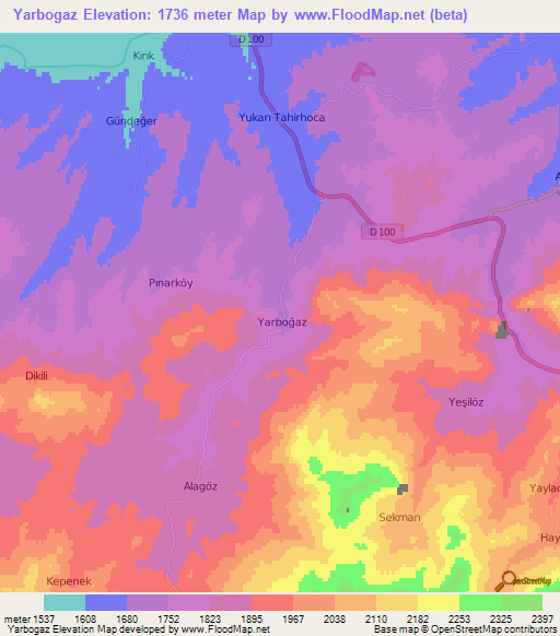 Yarbogaz,Turkey Elevation Map