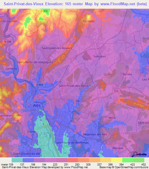 Saint-Privat-des-Vieux,France Elevation Map