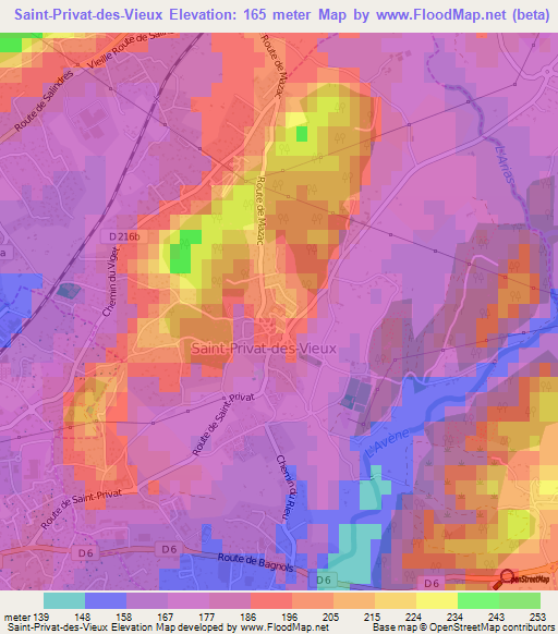 Saint-Privat-des-Vieux,France Elevation Map