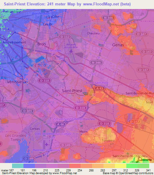 Saint-Priest,France Elevation Map