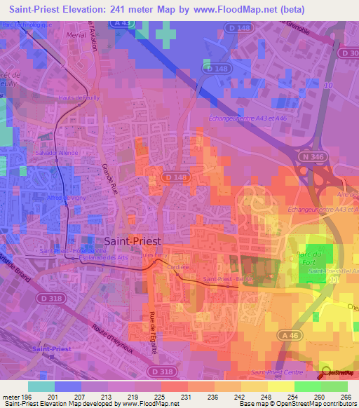 Saint-Priest,France Elevation Map