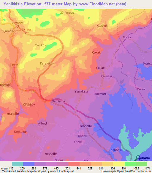 Yanikkisla,Turkey Elevation Map