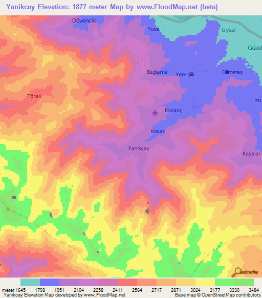 Yanikcay,Turkey Elevation Map