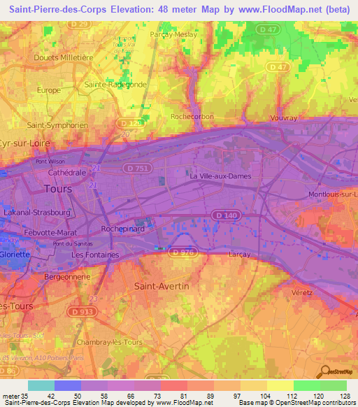 Saint-Pierre-des-Corps,France Elevation Map