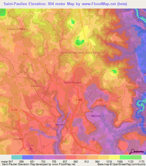 Saint-Paulien,France Elevation Map