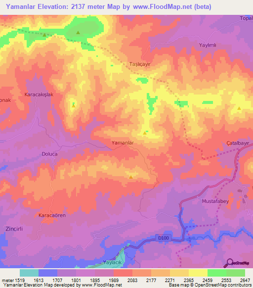 Yamanlar,Turkey Elevation Map