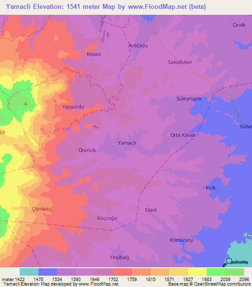 Yamacli,Turkey Elevation Map