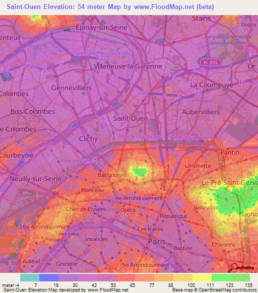 Saint-Ouen,France Elevation Map