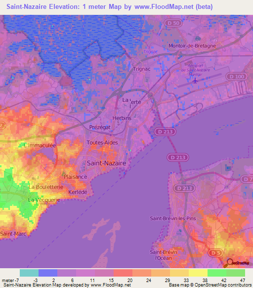 Saint-Nazaire,France Elevation Map