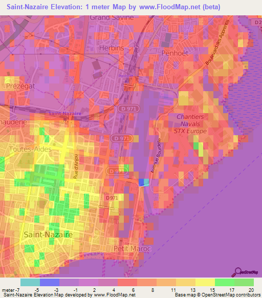 Saint-Nazaire,France Elevation Map