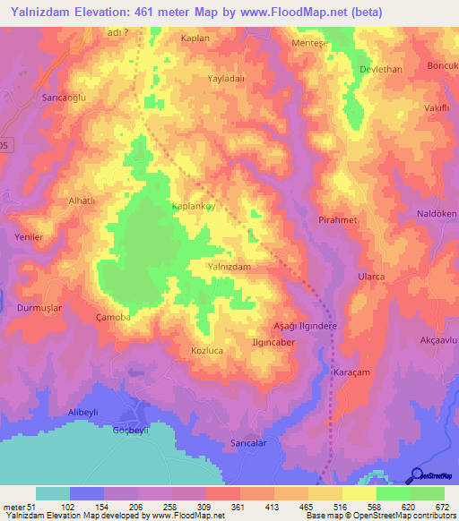 Yalnizdam,Turkey Elevation Map