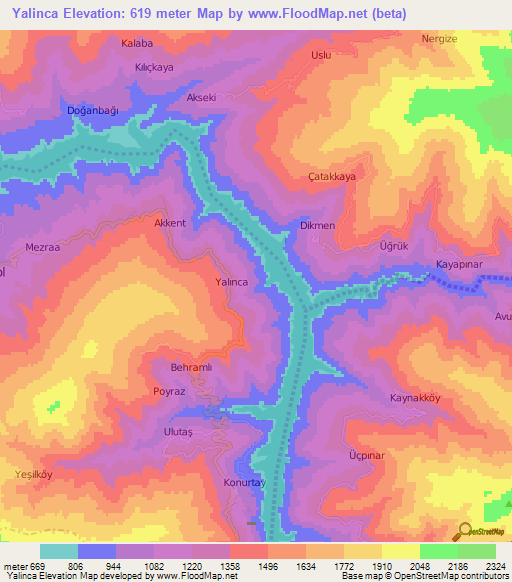 Yalinca,Turkey Elevation Map