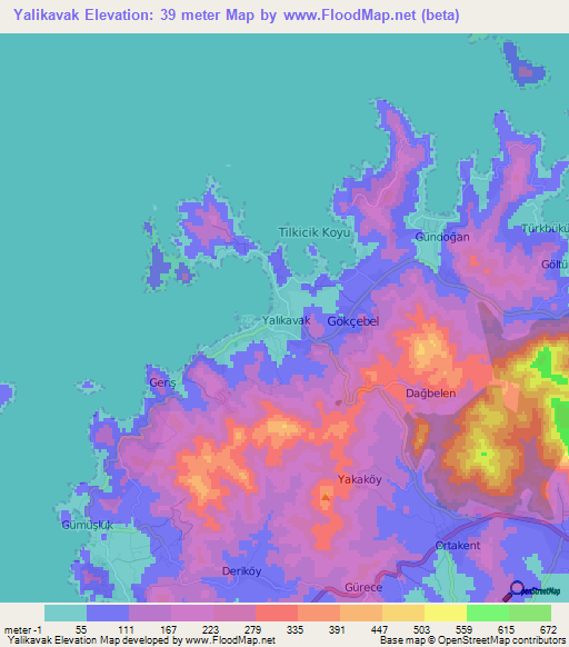 Yalikavak,Turkey Elevation Map