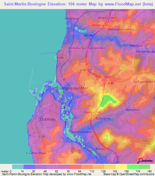 Saint-Martin-Boulogne,France Elevation Map