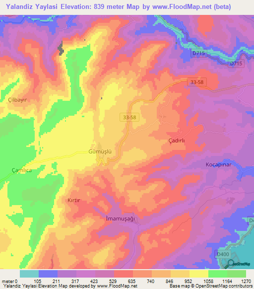 Yalandiz Yaylasi,Turkey Elevation Map