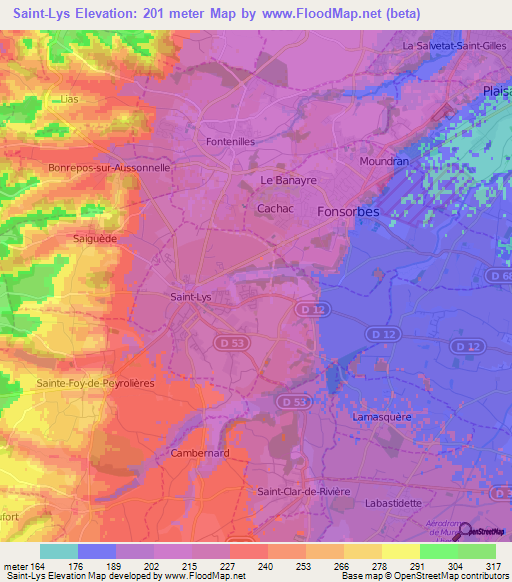 Saint-Lys,France Elevation Map