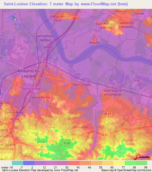 Saint-Loubes,France Elevation Map