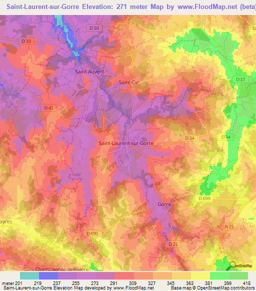 Saint-Laurent-sur-Gorre,France Elevation Map