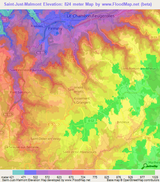 Saint-Just-Malmont,France Elevation Map