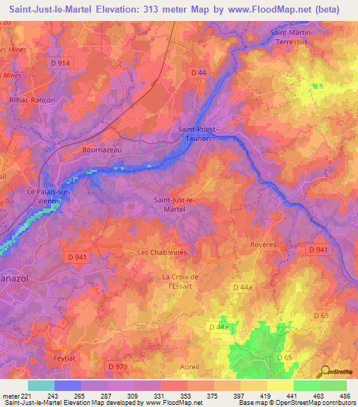 Saint-Just-le-Martel,France Elevation Map