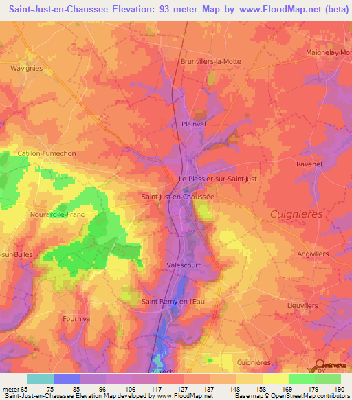 Saint-Just-en-Chaussee,France Elevation Map