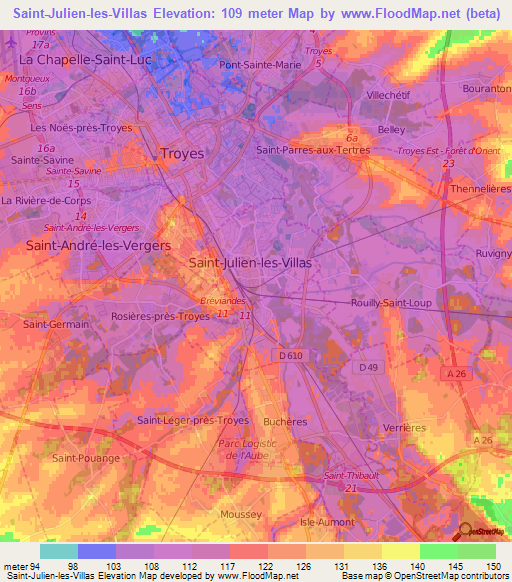 Saint-Julien-les-Villas,France Elevation Map