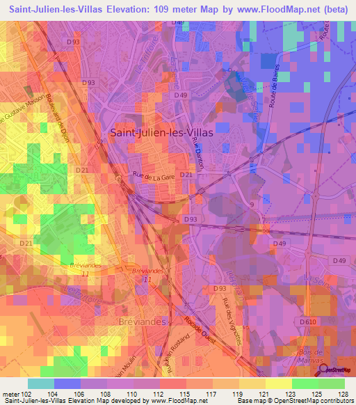 Saint-Julien-les-Villas,France Elevation Map