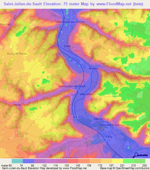 Saint-Julien-du-Sault,France Elevation Map