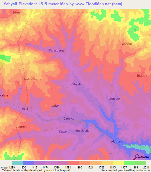 Yahyali,Turkey Elevation Map