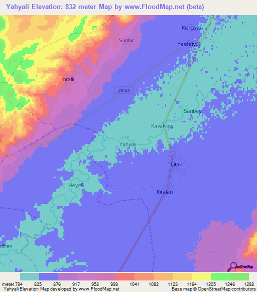 Yahyali,Turkey Elevation Map