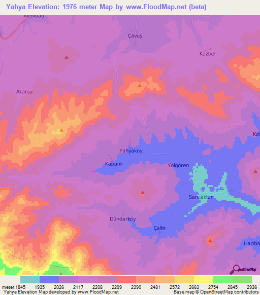 Yahya,Turkey Elevation Map