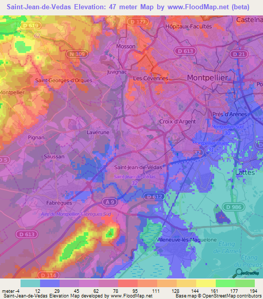 Saint-Jean-de-Vedas,France Elevation Map