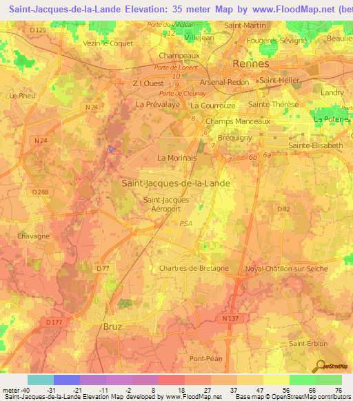 Saint-Jacques-de-la-Lande,France Elevation Map