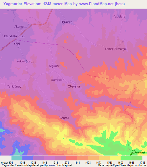 Yagmurlar,Turkey Elevation Map