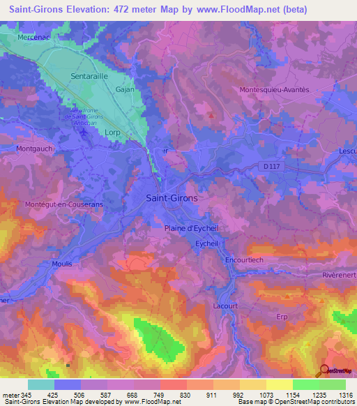 Saint-Girons,France Elevation Map