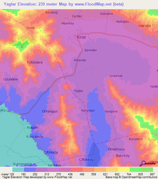 Yaglar,Turkey Elevation Map