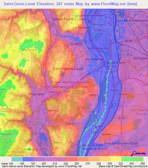 Saint-Genis-Laval,France Elevation Map