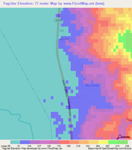 Yagcilar,Turkey Elevation Map