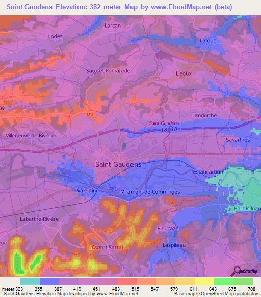 Saint-Gaudens,France Elevation Map