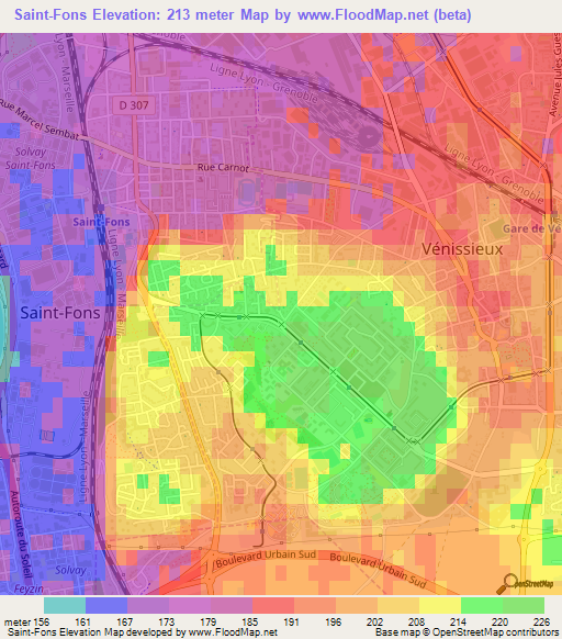 Saint-Fons,France Elevation Map